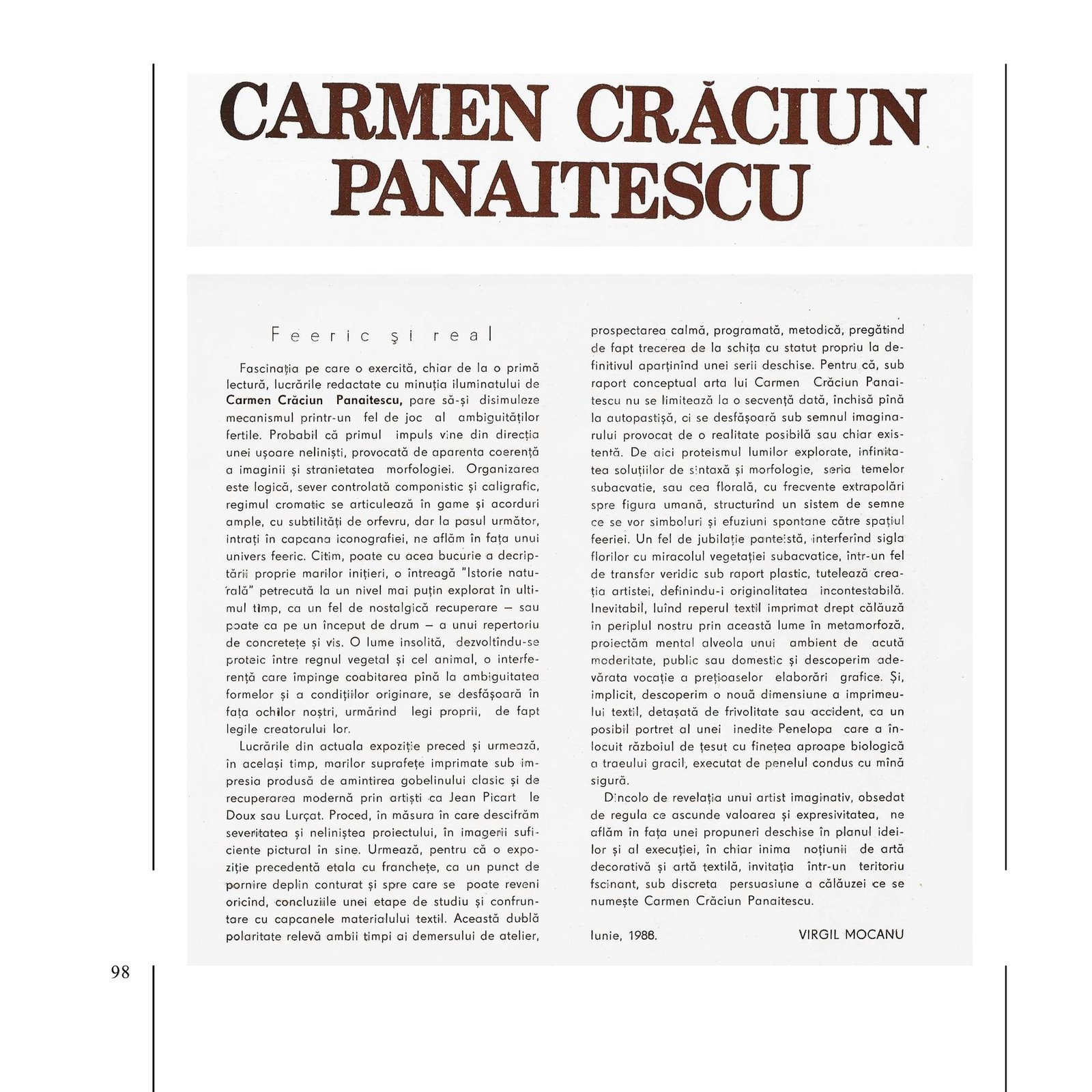 Pagină critică din albumul artistei